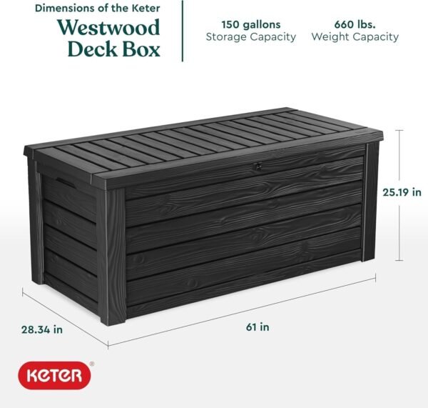 Keter Westwood 150-Gallon Resin Outdoor Storage Box | Weather-Resistant Deck Bin for Patio Cushions, Garden Tools & Pool Accessories – Dark Grey - Image 2