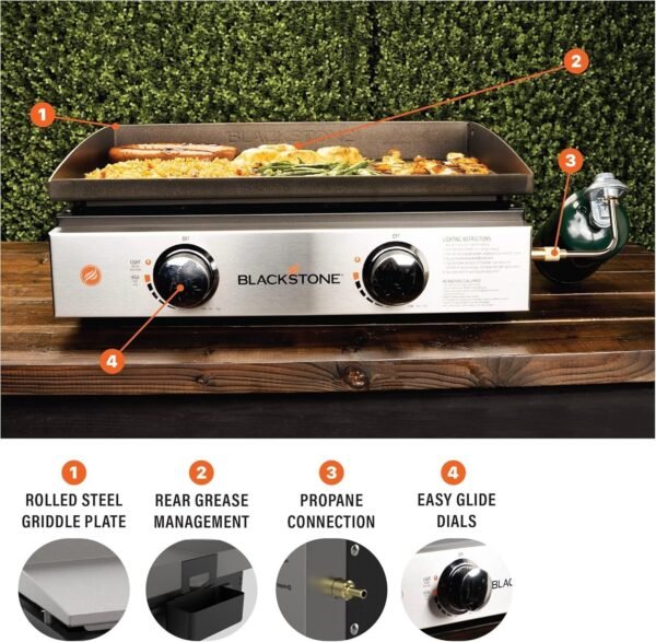 Blackstone 22″ Portable Tabletop Griddle – Dual Burner Flat Top Grill, 24,000 BTU Propane with Stainless Steel Faceplate & Rear Grease System - Image 2
